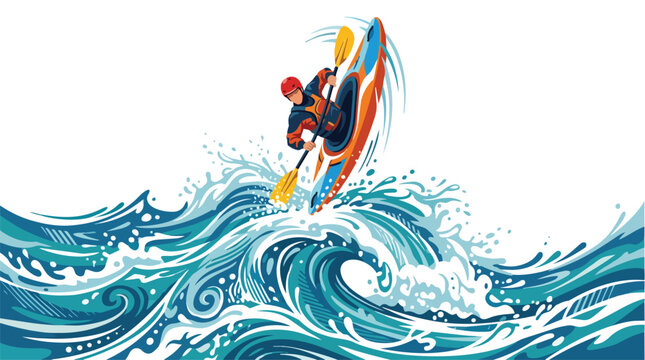 A kayaker skillfully maneuvering through dynamic ocean waves in an action illustration.