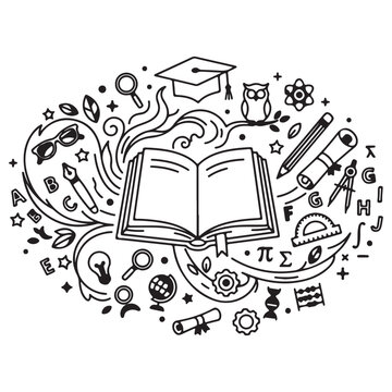 Educational Open Book Illustration With School Icons, Learning Symbols, Study and Creativity Doodle