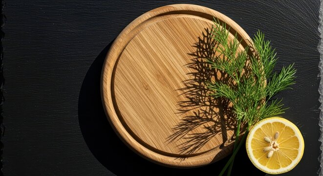 Wooden cutting board with fresh dill and lemon slice.