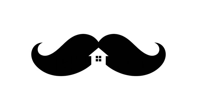 Black Mustache House Logo. Facial Hair Home Design Symbol. Family Residence Concept. Creative Minimal Vector Illustration