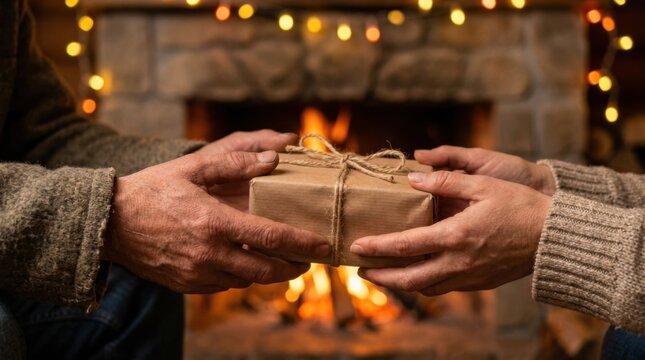 Hands Giving Wrapped Gift Box Tied with Twine in Front of Glowing Fireplace