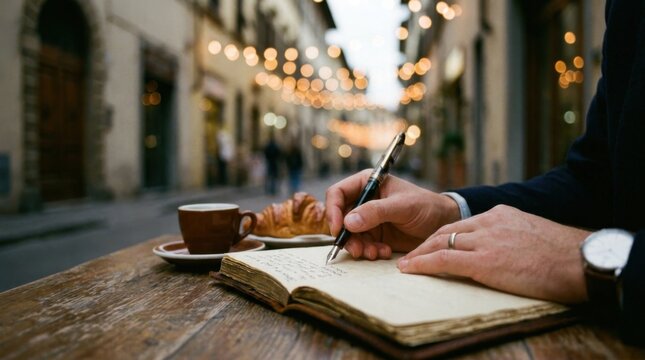 Hands Writing in Open Journal Notebook at Outdoor European Street Cafe