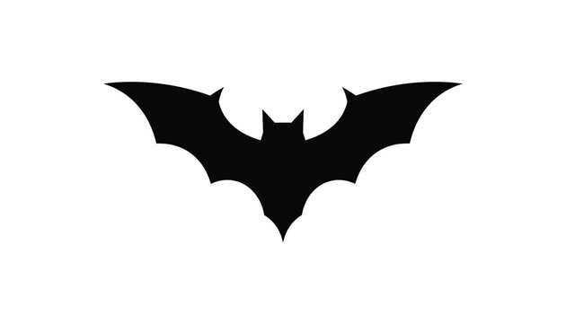 Black silhouette of a flying bat with spread wings is depicted on a plain white background for gothic design.