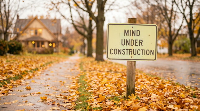 Mind under construction sign on post, autumn leaves covering sidewalk in residential street, concept of personal growth and self-improvement.