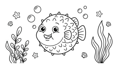 Cute cartoon puffer fish swimming underwater with bubbles and seaweed in a simple black and white coloring page for children © MD. MAMUNAR RASHID