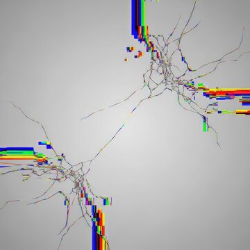 Abstract, minimal gray field fractured by severe digital glitch effects and deep visual noise. A warped and chaotic representation of empty space, geometric, structure, technology