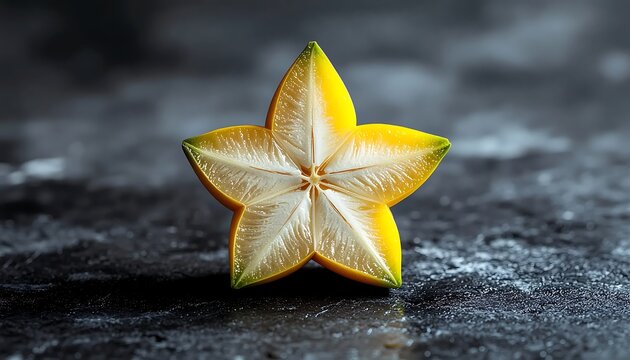 Sliced star fruit on dark wet surface, tropical fruit close-up