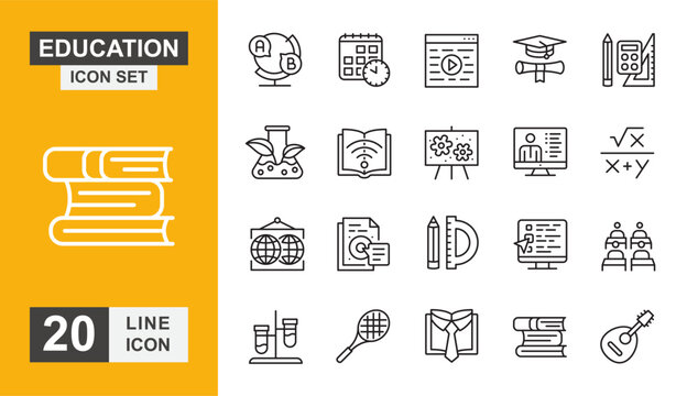 Education Line Icons Collection Featuring Books, Graduation Cap, Online Course, and Science