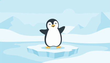 Obraz premium Cheerful cartoon penguin waving on a small ice floe, surrounded by a beautiful blue arctic landscape with distant glaciers.