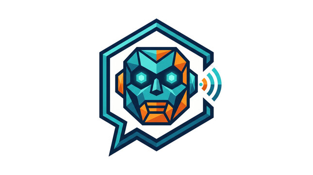 Vector illustration of a modern AI chatbot head inside a hexagonal speech bubble with signal waves for technology communication concepts