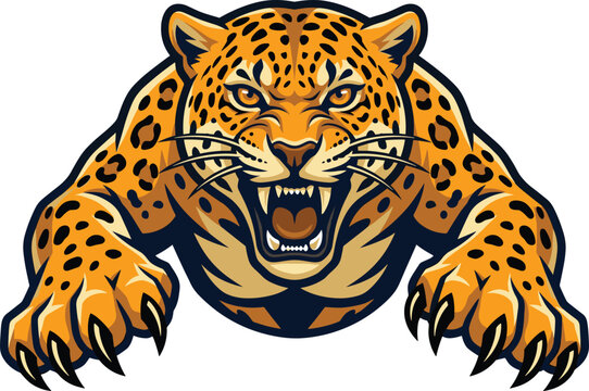 Angry jaguar mascot vector logo with aggressive leopard roaring head and paws for sports teams