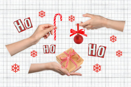 Happy New Year 2027. Hands exchange holiday gifts and decorations for New Year 2027