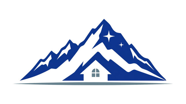 Mountain Cabin Logo. Snowy Alpine Peak Landscape. Outdoor Adventure Travel Concept. Clean Bold Vector Illustration