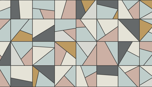 Modern geometric seamless pattern with irregular triangular tiles in soft pastel shades of pink, yellow, blue, and beige.