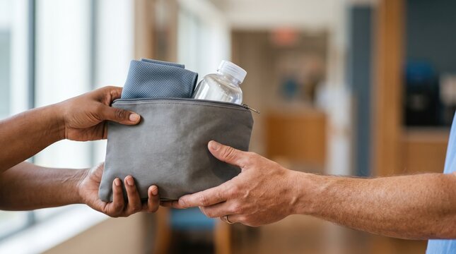 Person hands transfer care package with towels and bottle