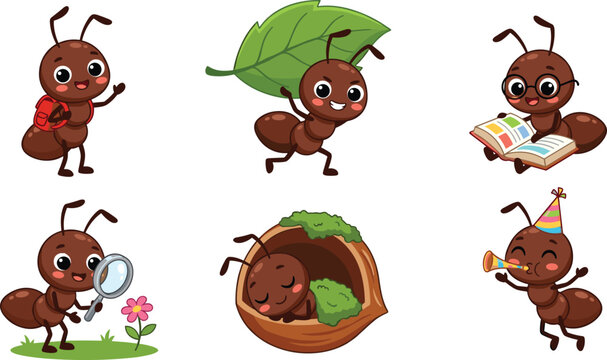 Cute ant cartoon character vector set with funny insect mascot illustrations for kids education designs