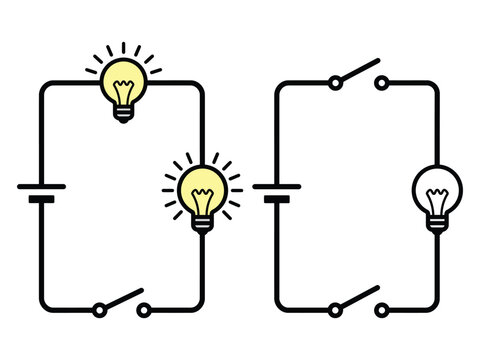 Simple electrical circuit diagrams illustrating closed and open circuits with battery switch and lightbulbs circuit diagram physics diagram power source lightbulb electricity education learning