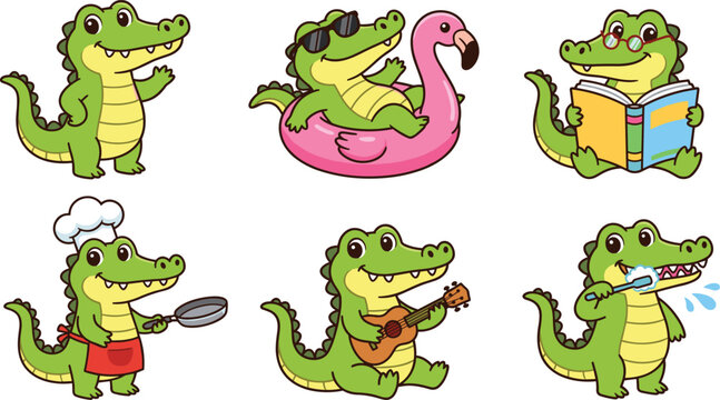 Cute crocodile cartoon character vector set with funny alligator mascot illustrations for kids activity designs