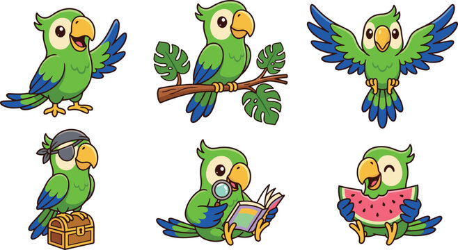 Cute parrot cartoon character vector set with funny green bird mascot illustrations for kids designs
