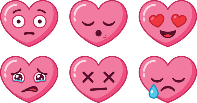 Cute pink heart emoji vector icon set with love sad crying and funny facial expressions