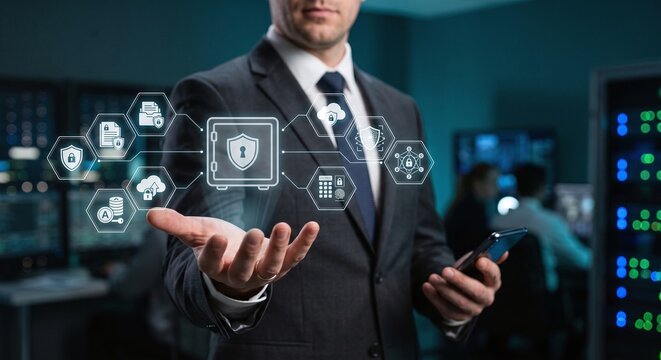 IT security professional holding a glowing holographic secure vault and digital privacy dashboard.