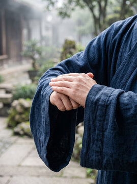 Man In Traditional Blue Hanfu Robe Bowing With Clasped Hands