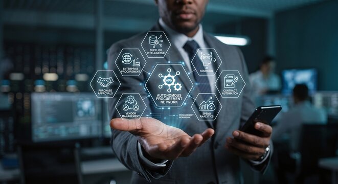 Procurement manager displaying a holographic autonomous procurement network and vendor management dashboard.