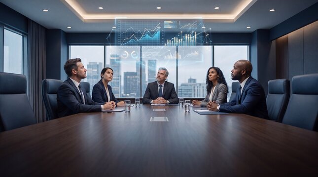 Corporate business meeting with digital data hologram. Professional team in modern boardroom. Executive leadership analyzing financial charts.