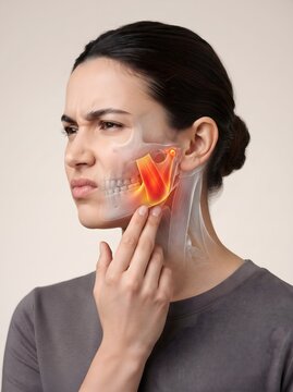 A medical illustration depicting a woman suffering from jaw pain, featuring a semi-transparent anatomical overlay of the skull and neck. The masseter muscle is highlighted in bright orange and red,...