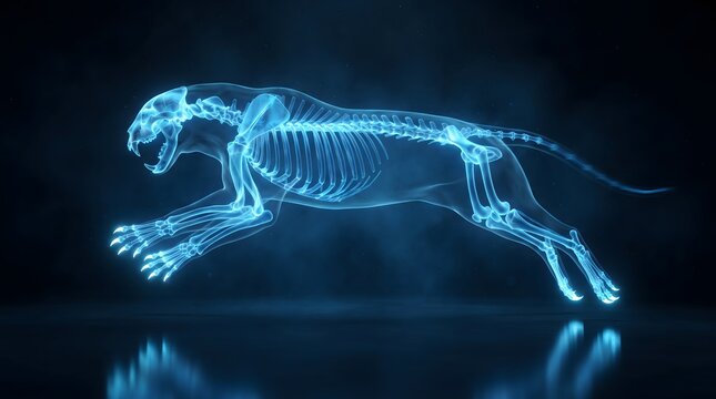 A futuristic glowing blue holographic X-ray visualization of a running wild cat skeleton. The digital anatomical graphic shows detailed bones, ribs, and claws, set against a dark misty background w...