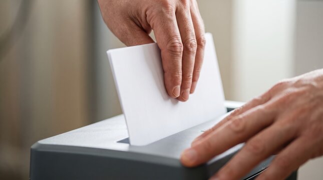Close-up of hands inserting a ballot into a voting machine