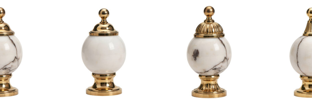 Four decorative finials featuring white marble spheres and polished gold metal bases and caps isolated on a transparent background