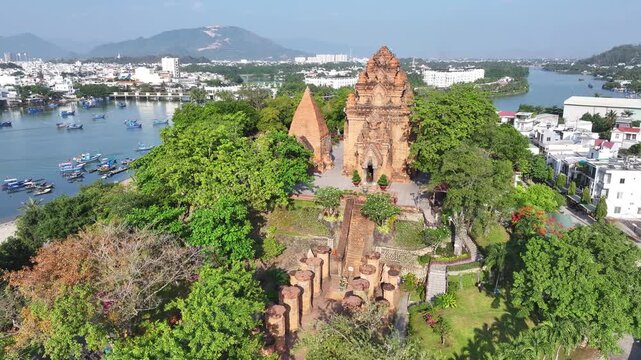 Aerial view of the Po Nagar Cham Towers in Nha Trang, Vietnam