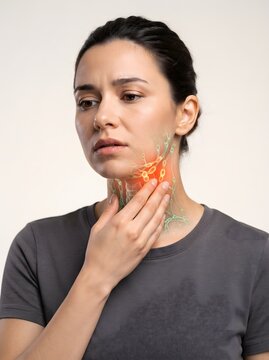 A young woman holding her neck in pain, featuring a glowing digital illustration of swollen lymph nodes. This medical concept represents throat infection, tonsillitis, lymphoma, thyroid issues, or...