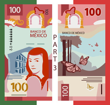 Vector banknote, obverse and reverse. Cartoon United Mexican States note. 100 pesos. Game money of Mexico. Flat style. Denomination one hundred. Finance and business. Play bill. Part 3