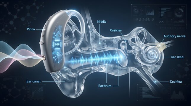 Educational medical illustration showing a modern behind-the-ear hearing aid assisting the auditory system. A transparent 3D model of the human ear canal, eardrum, ossicles, and cochlea displays so...