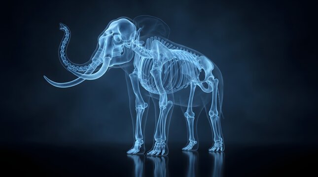 A detailed blue glowing translucent 3D visualization of an elephant skeleton. This anatomical illustration showcases the skull, tusks, rib cage, and limbs of the animal against a dark, reflective b...