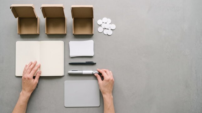 Hands arranging blank notebook, pens, and tools on gray desk for work