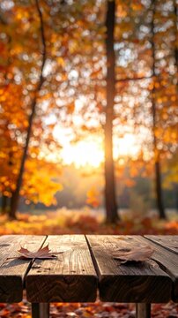 Autumn Mockup Background with Rustic Wooden Table and Dried Leaf in Blurred Forest