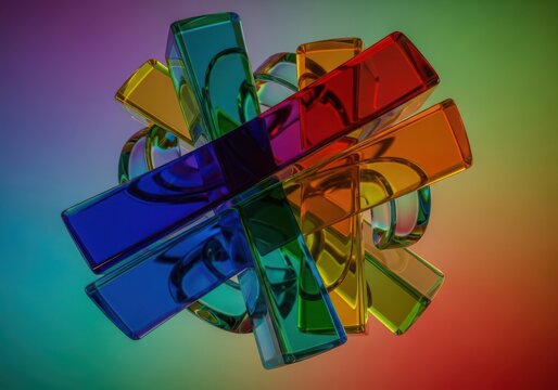 Abstract composition of intersecting, translucent glass rectangular prisms in vibrant rainbow colors against a gradient background