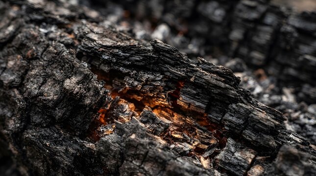 Closeup of glowing embers inside a charred wooden log, showing texture of burnt wood and intense heat from a campfire or fireplace