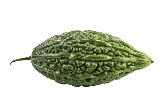 Fresh green bitter melon vegetable with bumpy textured skin and pointed ends isolated on a transparent background