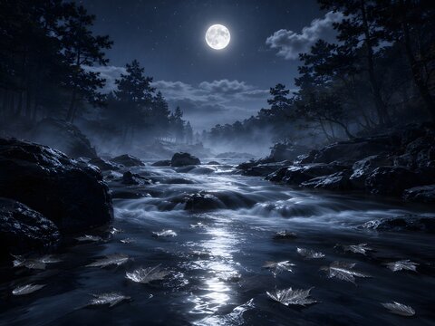 Moonlit river in misty forest