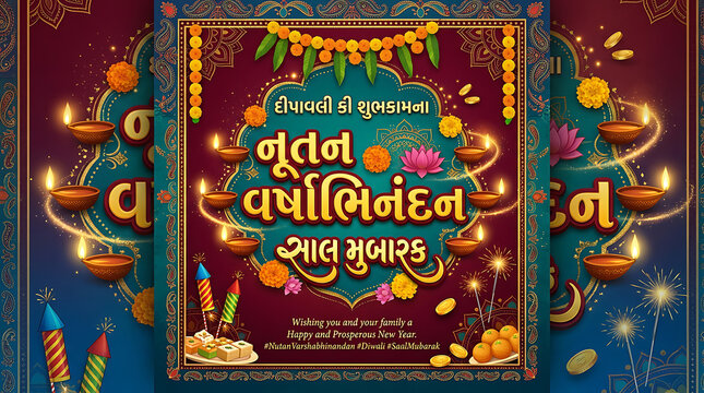 Nutan Varshabhinandan and Diwali Greeting Card with Traditional Oil Lamps, Sweets, and Fireworks in Gujarati Script