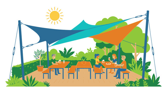 People at outdoor patio under colorful shade sails