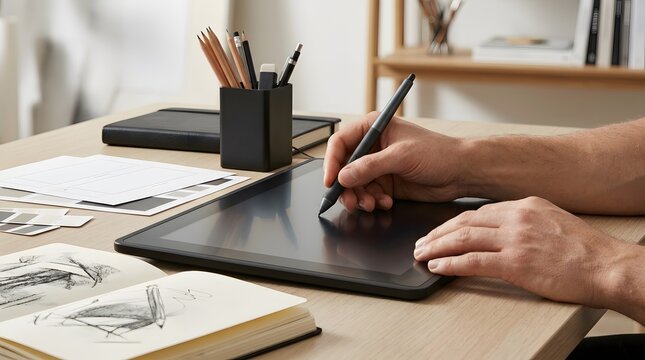 Artist drawing on a digital graphic tablet at a desk.