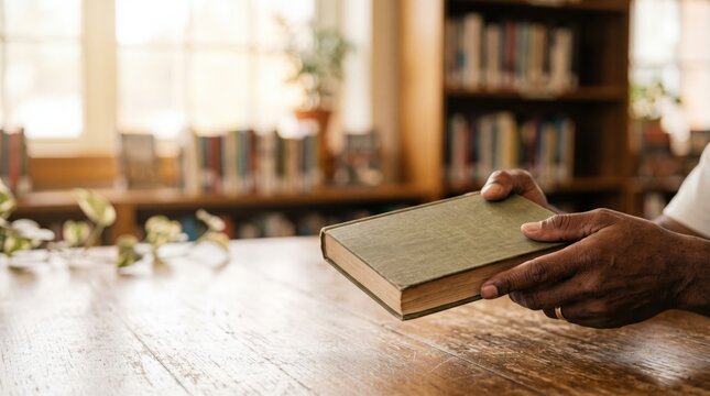 Senior person hands holding an old green book on a wooden library table