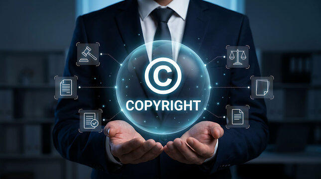 Businessman holding glowing copyright hologram symbol representing intellectual property
