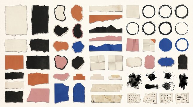 Collection of assorted paper collage assets with torn edges and ink stains for creative design projects