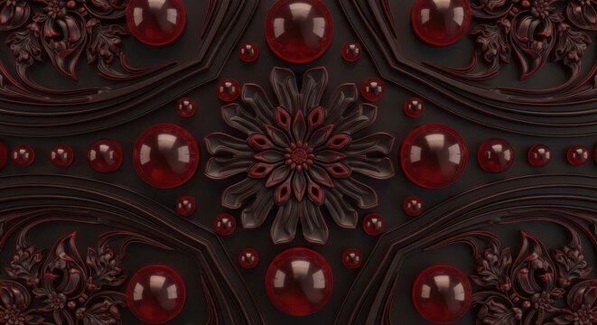 Dark maroon ornate floral pattern with glossy red spheres and embossed symmetrical petals, 3D rendered decorative background